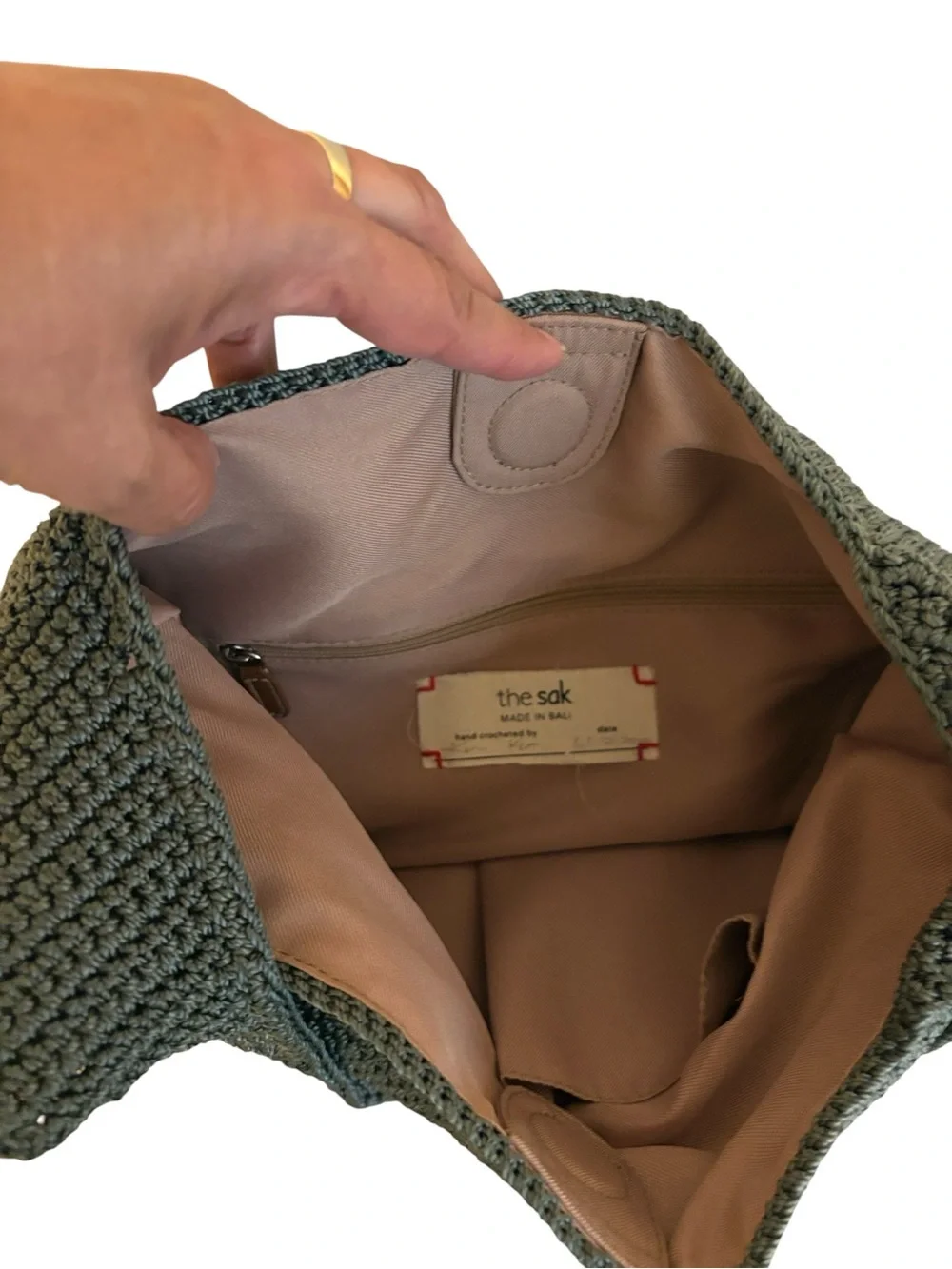 The Sak Hand Crocheted Hobo Shoulder Bag Slouchy Silhouette Olive Green